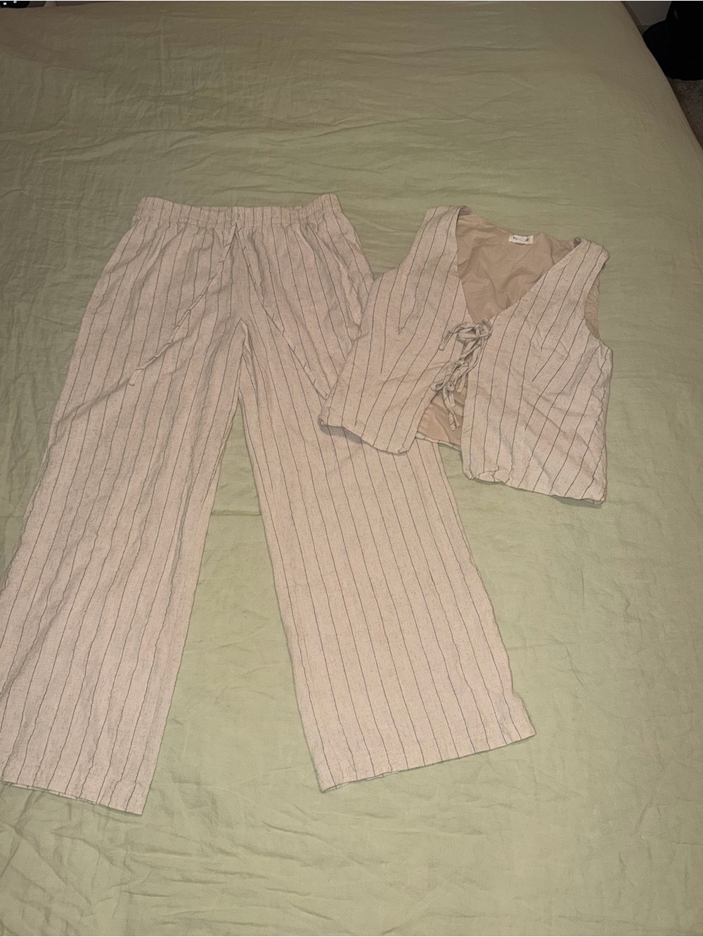 Striped Beige Wide-Leg Pants and Tie-Up Vest Set